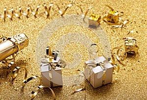 Happy new year and merry christmas. Bright card with champagne and gifts decorated with gold tinsel