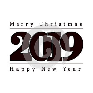 Happy new year and Merry Christmas card. Black number 2019, isolated on white background. Graphic design holiday