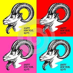 Happy New Year and Merry Christmas card. Hand drawn sketch portrait of goat. Vector illustration. Andy Warhol style