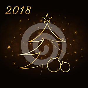Happy New Year and Merry Christmas celebration background, gold numbers 2018, Xmas balls. Decorative golden bauble, star