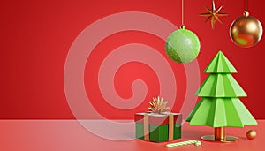 Happy New Year and Merry Christmas. Christmas tree gift box decorations on a red background. 3D rendering