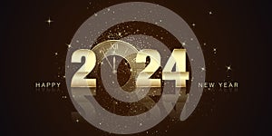 Happy New Year and Merry Christmas concept. Golden text 2024 with clock countdown instead zero. Holiday greeting card design.