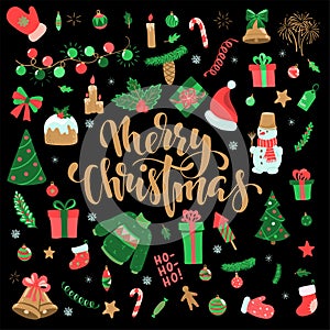 Happy New Year and Merry Christmas doodle set. Collection of xmas elements for design holiday greeting cards and invitations of