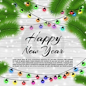Happy New Year and Merry Christmas 2023. Elegant christmas background with christmas tree. Snowflakes, lights, sparkles and