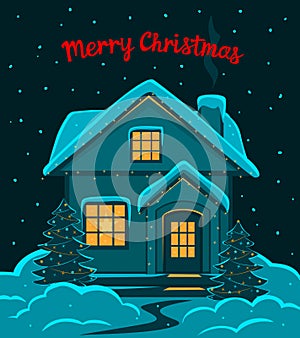 Happy New Year, Merry Christmas Eve and Night seasonal winter greeting card with decorated with led lights house in snow