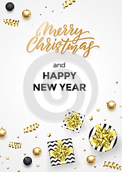 Happy New Year and Merry Christmas greeting card background template of golden modern quote calligraphy. Vector gift ribbon or gol