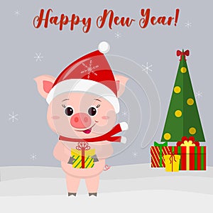 Happy New Year and Merry Christmas Greeting Card. Cute little pig in a santa hat and scarf holding a gift. Christmas tree, gifts a
