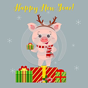 Happy New Year and Merry Christmas Greeting Card. Cute pig in a deer antler and a scarf holding a lollipop. It is on the box with