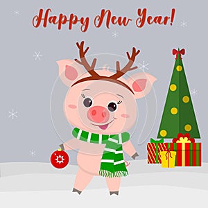 Happy New Year and Merry Christmas greeting card. Cute pig in a deer costume holding a Christmas ball. Christmas tree, gifts and s