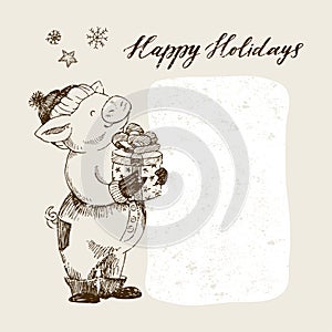 Happy New Year and Merry Christmas Greeting Card. Cute pig in hat holding a gift. It is on the box with a gift. The