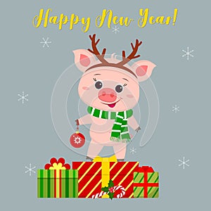 Happy New Year and Merry Christmas greeting card. Cute pig in the horn of a deer and a scarf holding a ball. It is on the box with