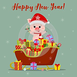 Happy New Year and Merry Christmas greeting card. A cute pig in a Santa hat is standing on a Santa s sleigh. Many