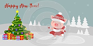 Happy New Year and Merry Christmas Greeting Card. Cute pig in a suit skates on the rink. Christmas tree and boxes with