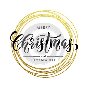 Happy New Year Merry Christmas greeting card golden glitter decoration