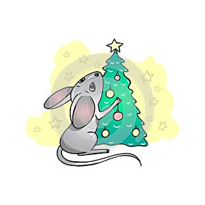 Happy New Year and Merry Christmas greeting card. Rat or mouse with gifts. Funny cartoon characters. Christmas tree