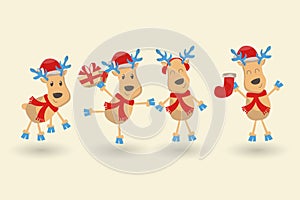 Happy New Year and Merry Christmas greeting card. Set of six reindeers in different costumes and poses, various accessories.