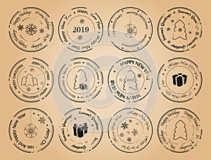 Happy new year and merry christmas - grunge vector postage stamps