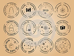 Happy new year and merry christmas - grunge vector postage stamps with snowflakes on german