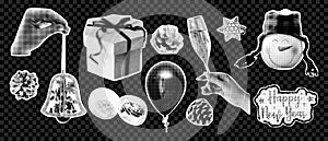 Happy New Year and Merry Christmas halftone style collage elements. Balloons, champagne, gift, snowman, bump, disco ball