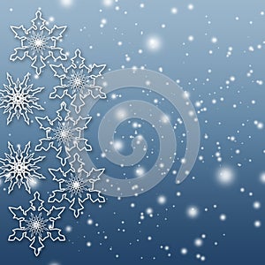 Happy New Year and Merry Christmas. Illustration of white snowflakes and bokeh on a light blue background, digital style.