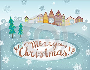 Happy new year and merry Christmas landscape card design. Vector cute hand drawn scene with houses, skate rink