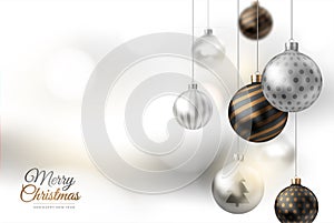 Happy New Year and Merry Christmas. Light background with realistic Xmas balls. Season winter.