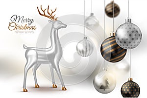 Happy New Year and Merry Christmas. Light background with realistic Xmas balls and silver deer. Season winter.
