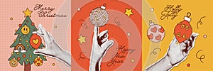 Happy New Year and Merry Christmas retro greeting cards set. Square banners with trendy halftone elements for collages