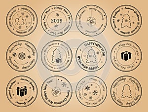 Happy new year and merry christmas - round vector postage stamps