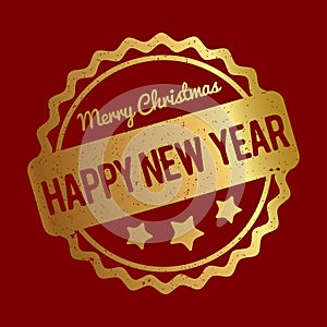 Happy New Year Merry Christmas rubber stamp award vector gold on a red background