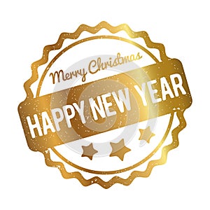 Happy New Year Merry Christmas rubber stamp award vector gold on a white background