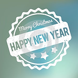 Happy New Year Merry Christmas rubber stamp award vector white on a blue bokeh background