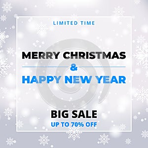 Happy new year 2021 & merry christmas sale promotion banner template. Snowfall on a white winter christmas vector background.