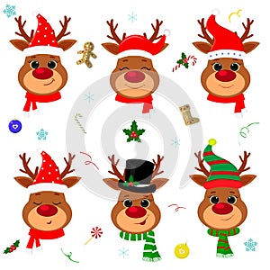 Happy New Year and Merry Christmas. Set of six cute reindeer head with different emotions in different Santa Claus hat