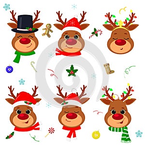 Happy New Year and Merry Christmas. Set of six cute reindeer head with different emotions in different Santa Claus hat