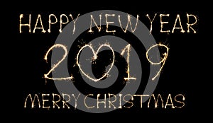 Happy New Year 2019 merry christmas text handmade written sparkles fireworks with Colorful fireworks