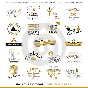Happy New Year and Merry Christmas trendy and minimalistic typography set.