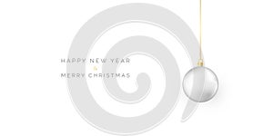 Happy New Year and Merry Christmas. White Christmas ball hanging on gold string. Holiday xmas template for greeting card and party