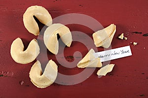 Happy New Year message greeting inside Chinese New Year fortune cookie