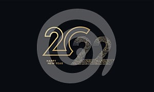 Happy New Year modern design with 2022 glittering black and gold numbers on night sky background.