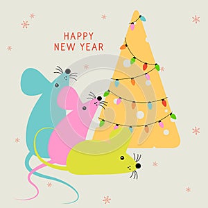 Happy New year. Mouse or rat with cheese Christmas tree