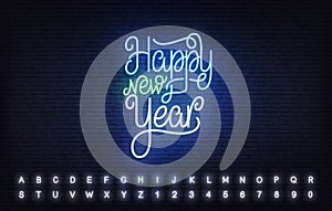 Happy New Year neon lettering. Bright neon vector illustration for New Year 2022 celebration