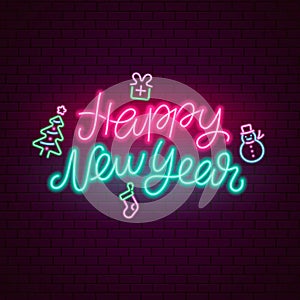 Happy New Year neon lettering slogan on brick wall