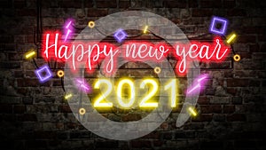 Happy new year neon light on Brick wall bcakground