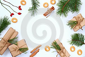 Happy New Year! New Year and Christmas concept. Banner with decorative elements, top view.