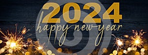 HAPPY NEW YEAR / NEW YEAR`S EVE 2024 background greeting card - Frame of lights bokeh golden flares and sparkler isolated on