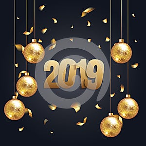 Happy New Year 2019 - New Year Shining background with gold christmass ball and glitter confetti. Vector winter holiday greeting
