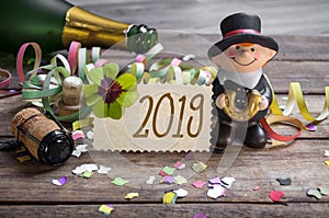 Happy New Year, New Years Eve Greeting Card with shamrock, clover and champagne bottle