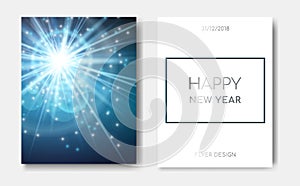 Happy New Year night flyers banner with Sparks glitter glowing,star burst glow and lens flare on blue background.Show