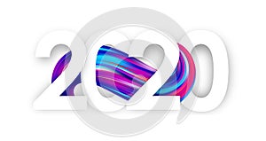 Happy New Year. Number of 2020 with colorful abstract twisted paint stroke shape on white background. Trendy design